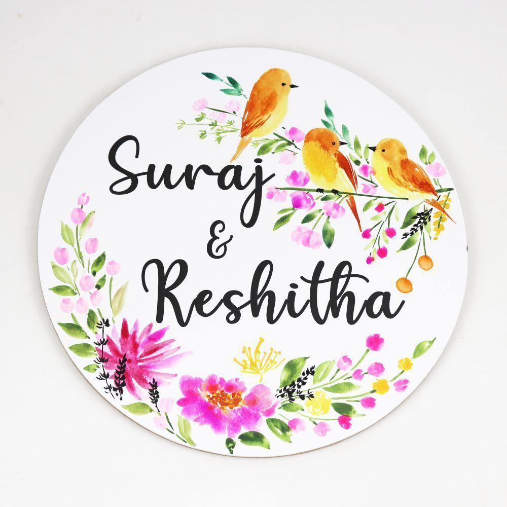 Perching Birds - Hand-painted Floral Nameplate - Round