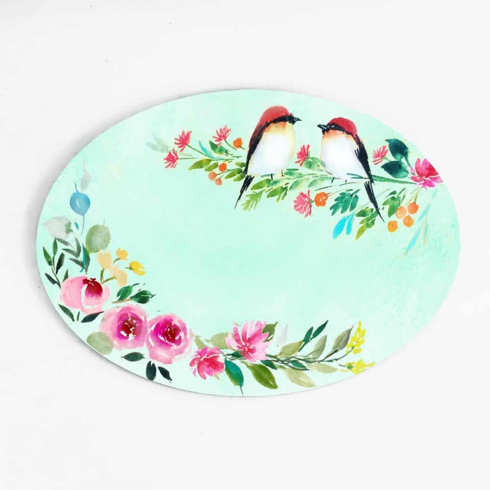 Two Perching Birds - Hand-painted Floral Nameplate - Oval