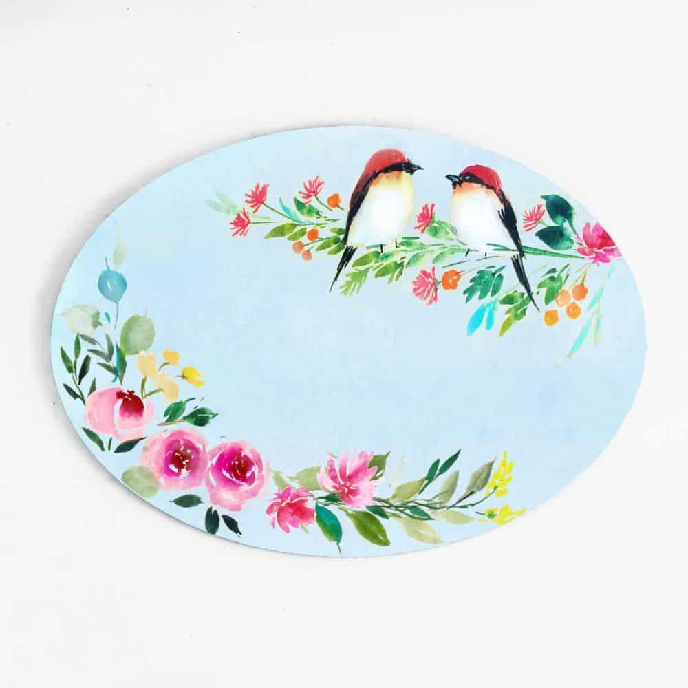 Two Perching Birds - Hand-painted Floral Nameplate - Oval