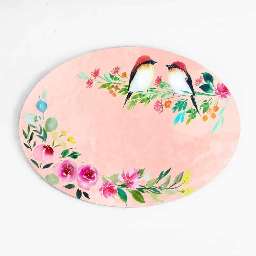 Two Perching Birds - Hand-painted Floral Nameplate - Oval