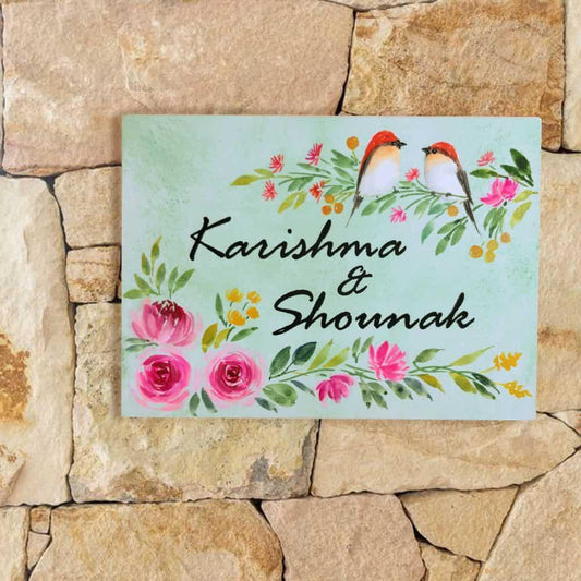 Two Perching Birds - Hand-painted Floral Nameplate - Rectangle