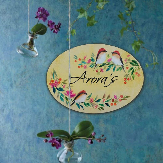 Three Perching Birds - Hand-painted Floral Nameplate - Oval