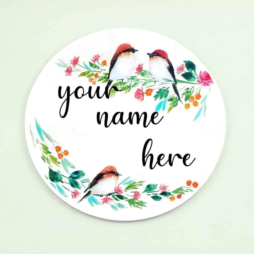 Three Perching Birds - Hand-painted Floral Nameplate - Round