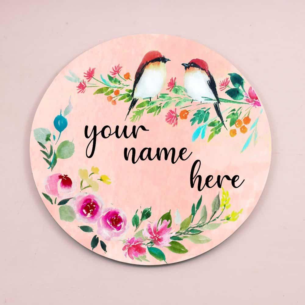 Two Perching Birds - Hand-painted Floral Nameplate - Round