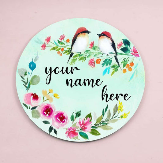 Two Perching Birds - Hand-painted Floral Nameplate - Round