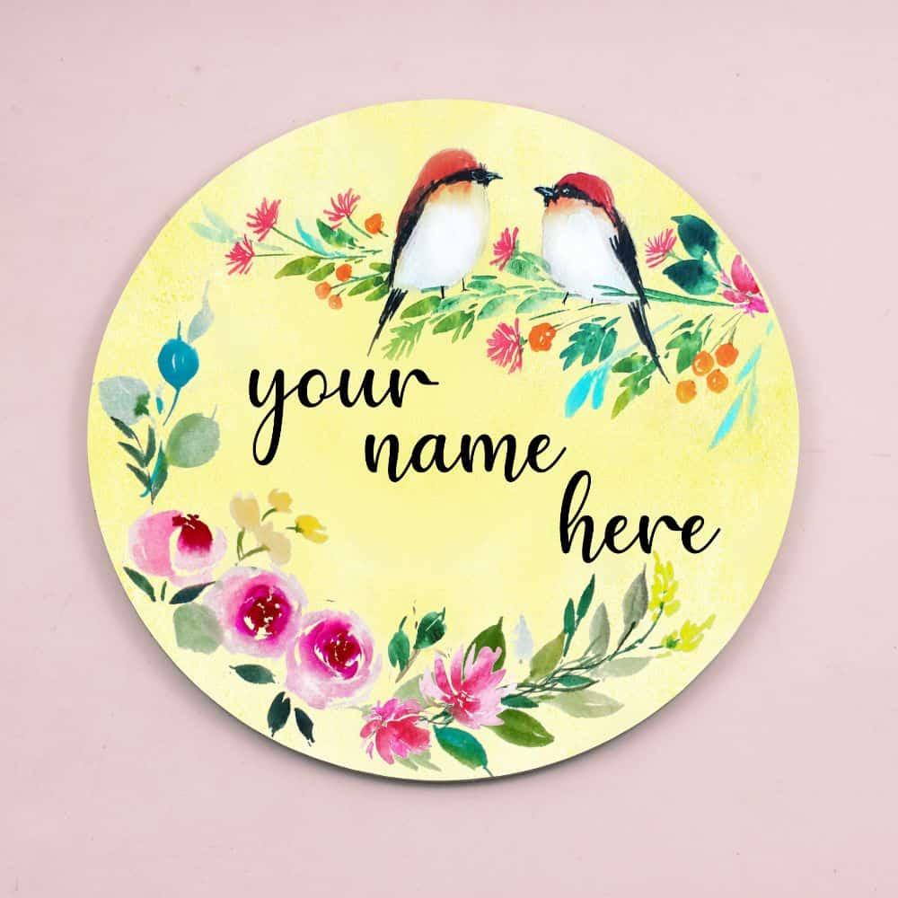 Two Perching Birds - Hand-painted Floral Nameplate - Round