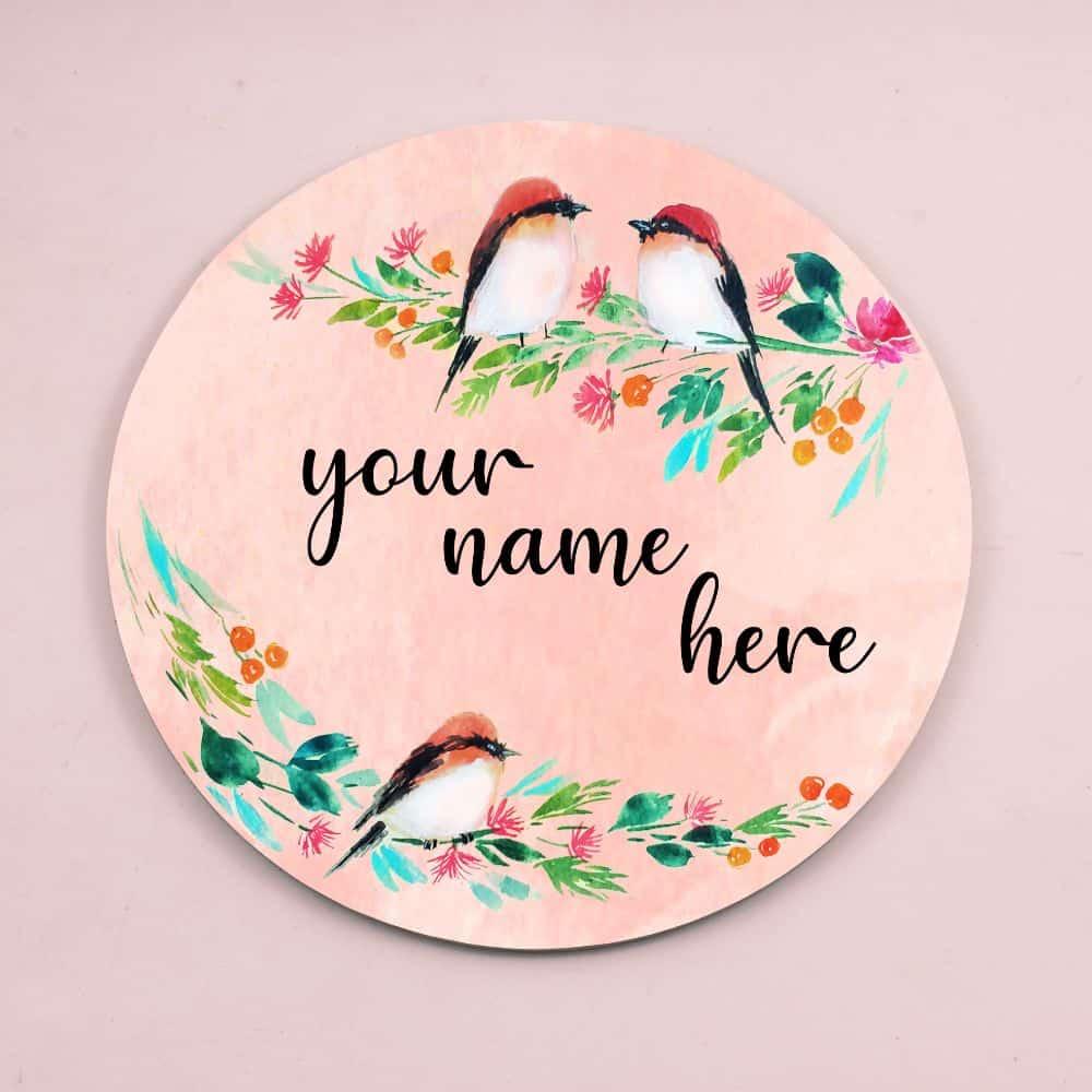 Three Perching Birds - Hand-painted Floral Nameplate - Round