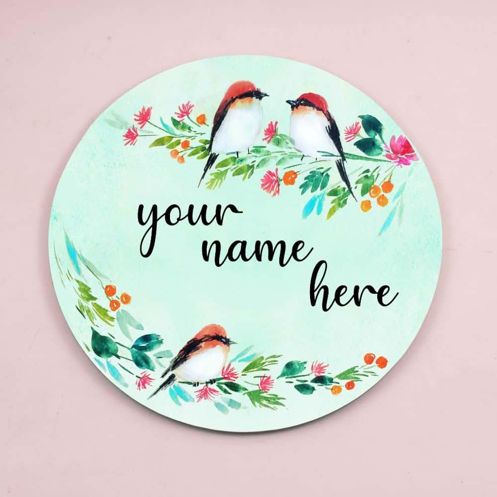 Three Perching Birds - Hand-painted Floral Nameplate - Round