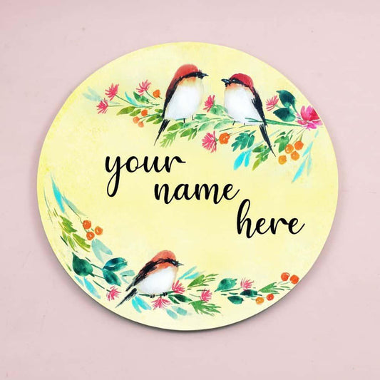 Three Perching Birds - Hand-painted Floral Nameplate - Round