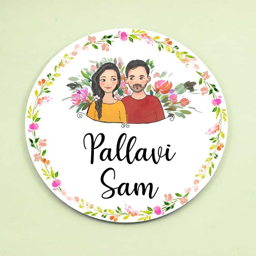 Hand-painted Customized Name Plate - Couple Together - Round