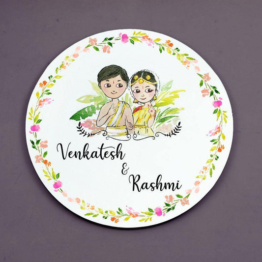 Wedding Couple - Hand-painted Customized Name Plate - Round