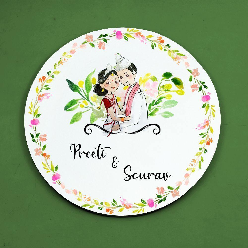 Bengali Couple - Hand-painted Customized Name Plate - Round