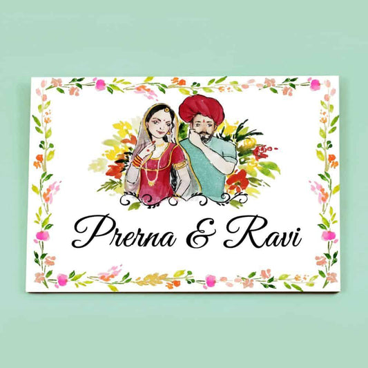 Rajasthani Couple - Hand-painted Customized Name Plate - Rectangle