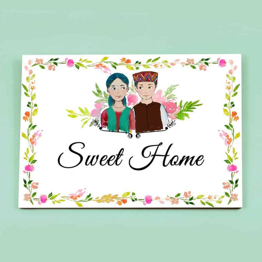 Garwali Couple - Hand-painted Customized Name Plate - Rectangle