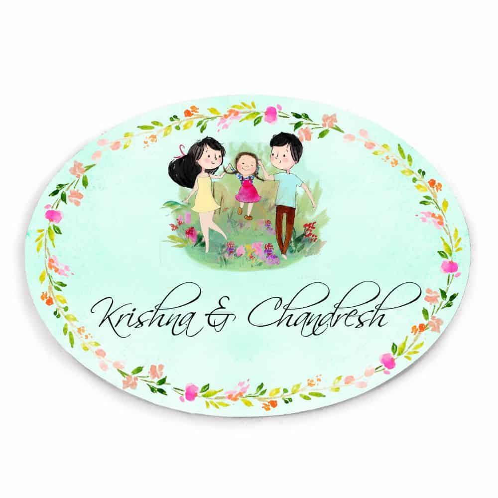 Hand-painted Customized Name Plate - Playing Family of 3 - Oval