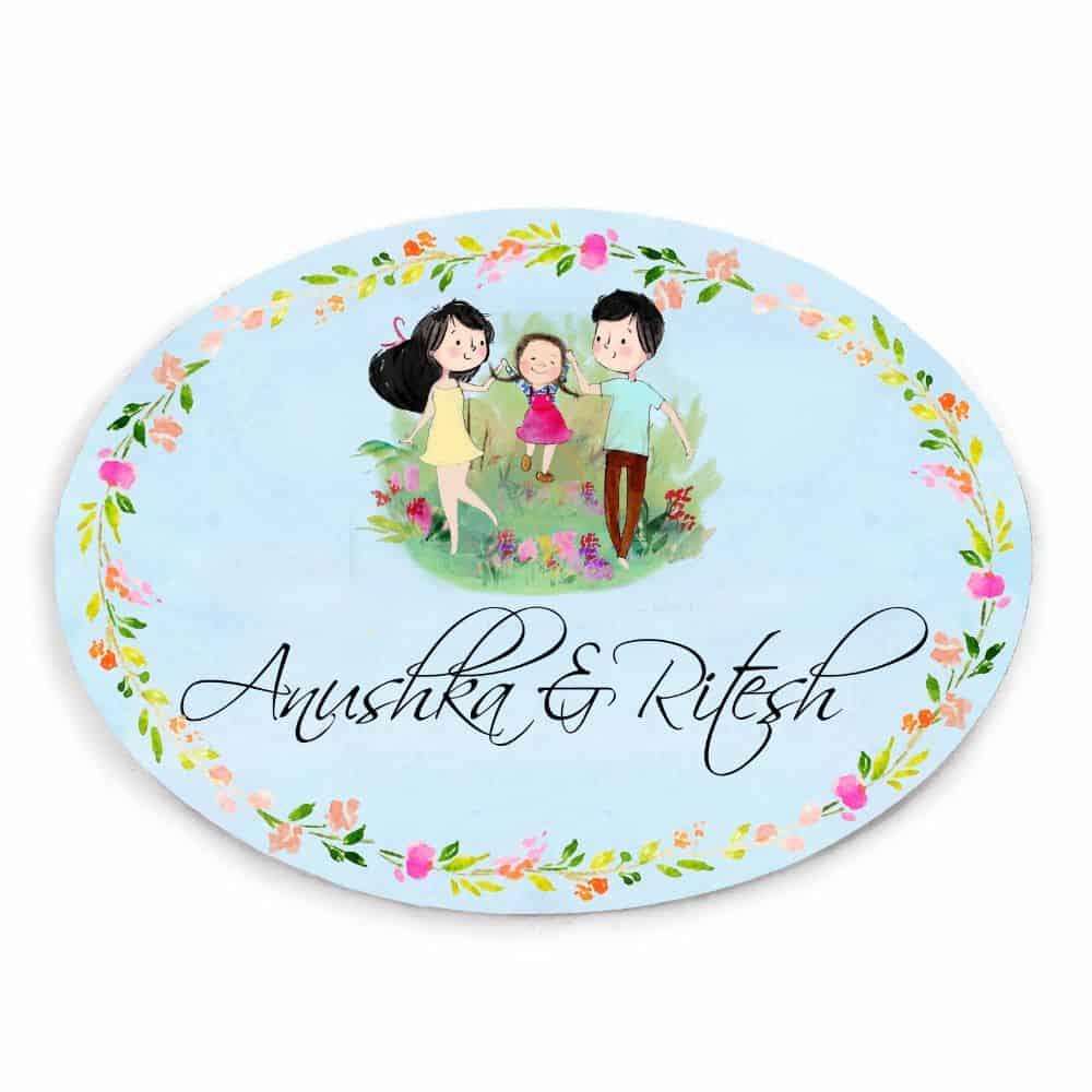 Hand-painted Customized Name Plate - Playing Family of 3 - Oval