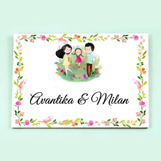 Hand-painted Customized Name Plate - Playing Family of 3 - Rectangle