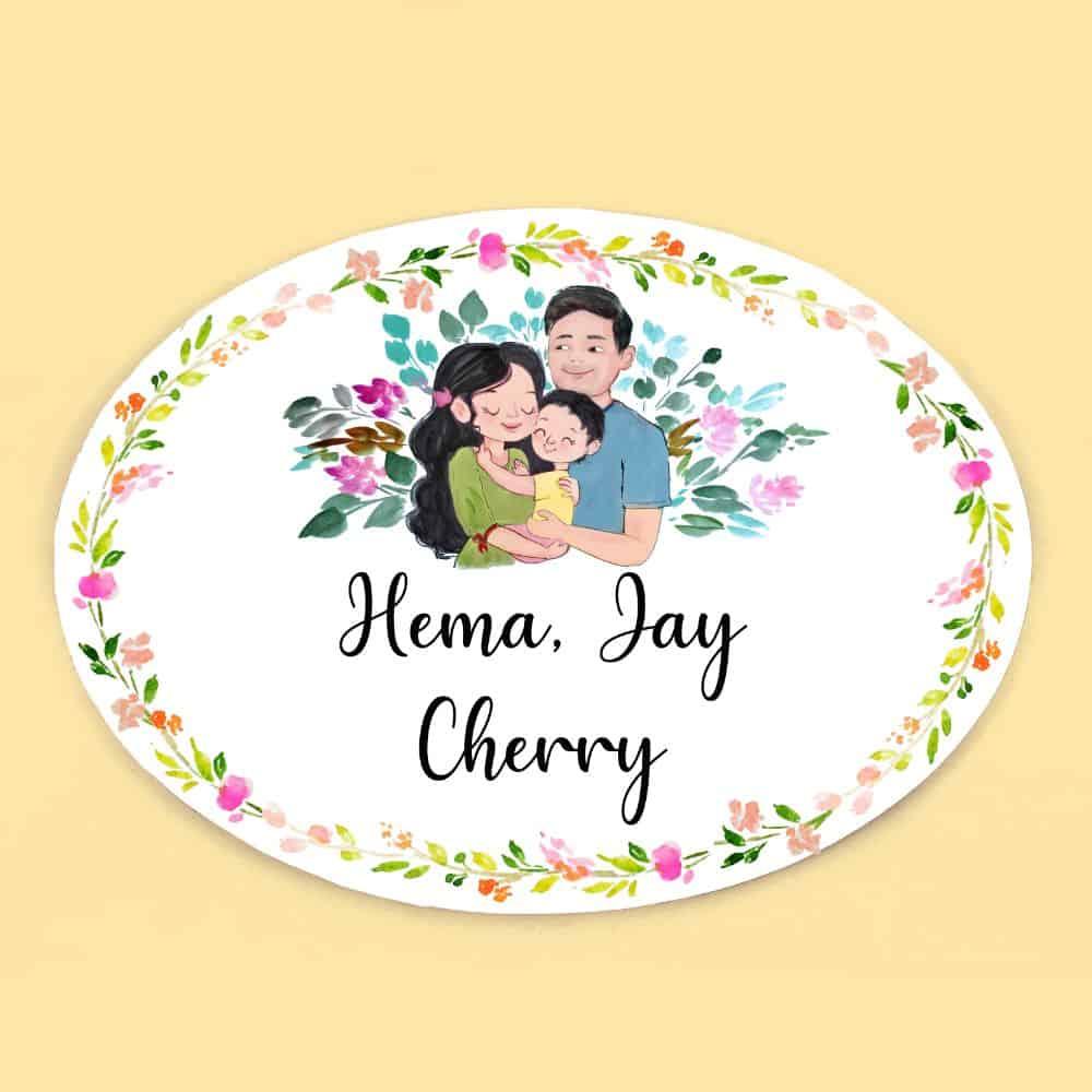 Hand-painted Family Name Plate - Couple with Baby Boy - Oval