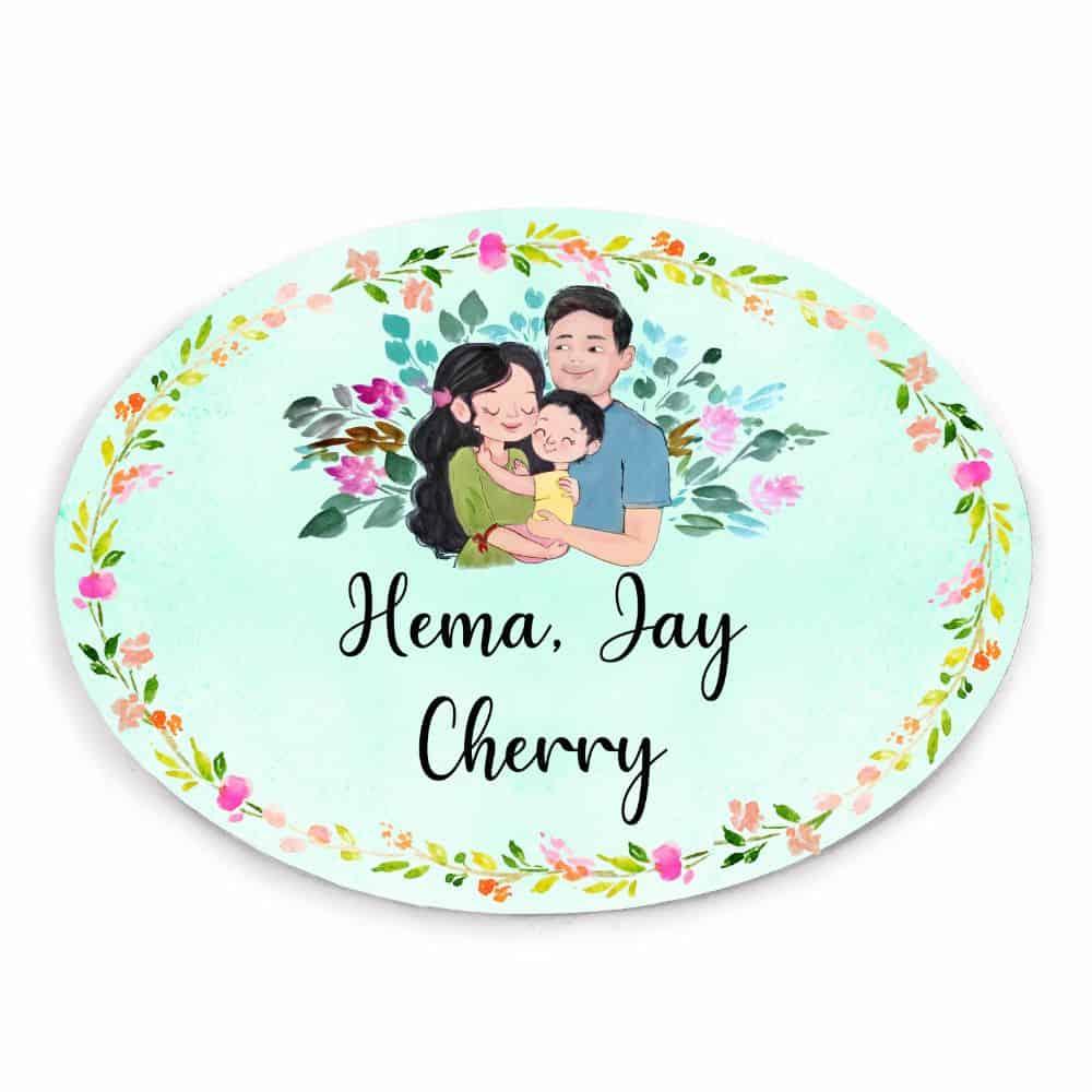 Hand-painted Family Name Plate - Couple with Baby Boy - Oval