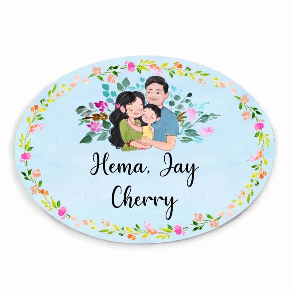 Hand-painted Family Name Plate - Couple with Baby Boy - Oval