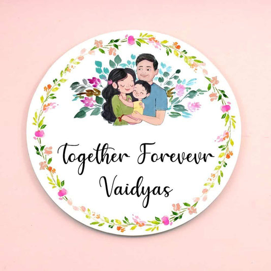 Hand-painted Family Name Plate - Couple with Baby Boy - Round