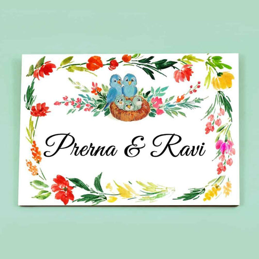 Bird Family - Hand-painted Floral Nameplate - Rectangle