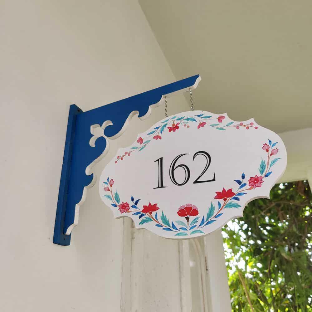 Hand-painted Hanging Name Plate - Navy Victorian Red Flowers