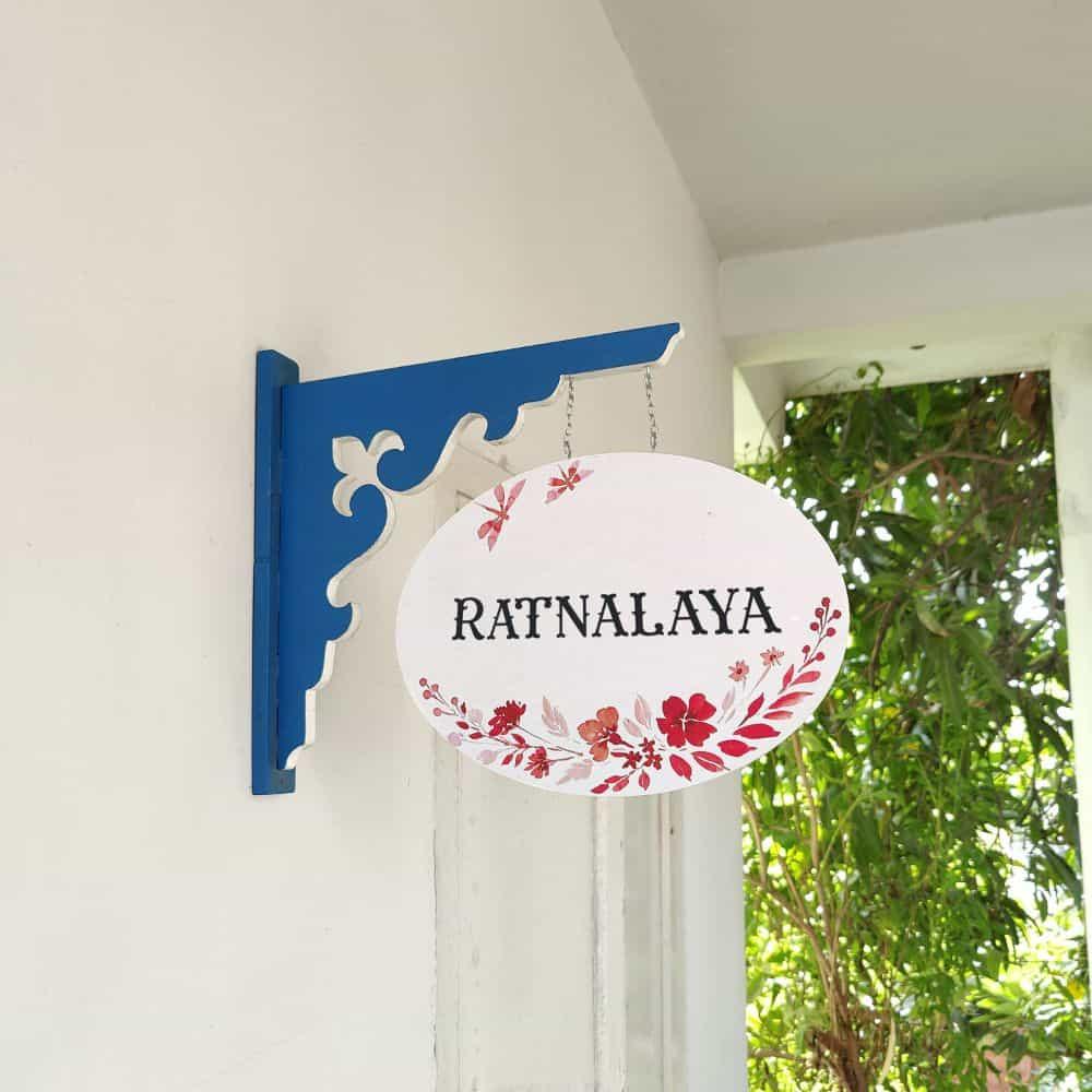 Hand-painted Hanging Name Plate - Navy Oval White Red Flowers