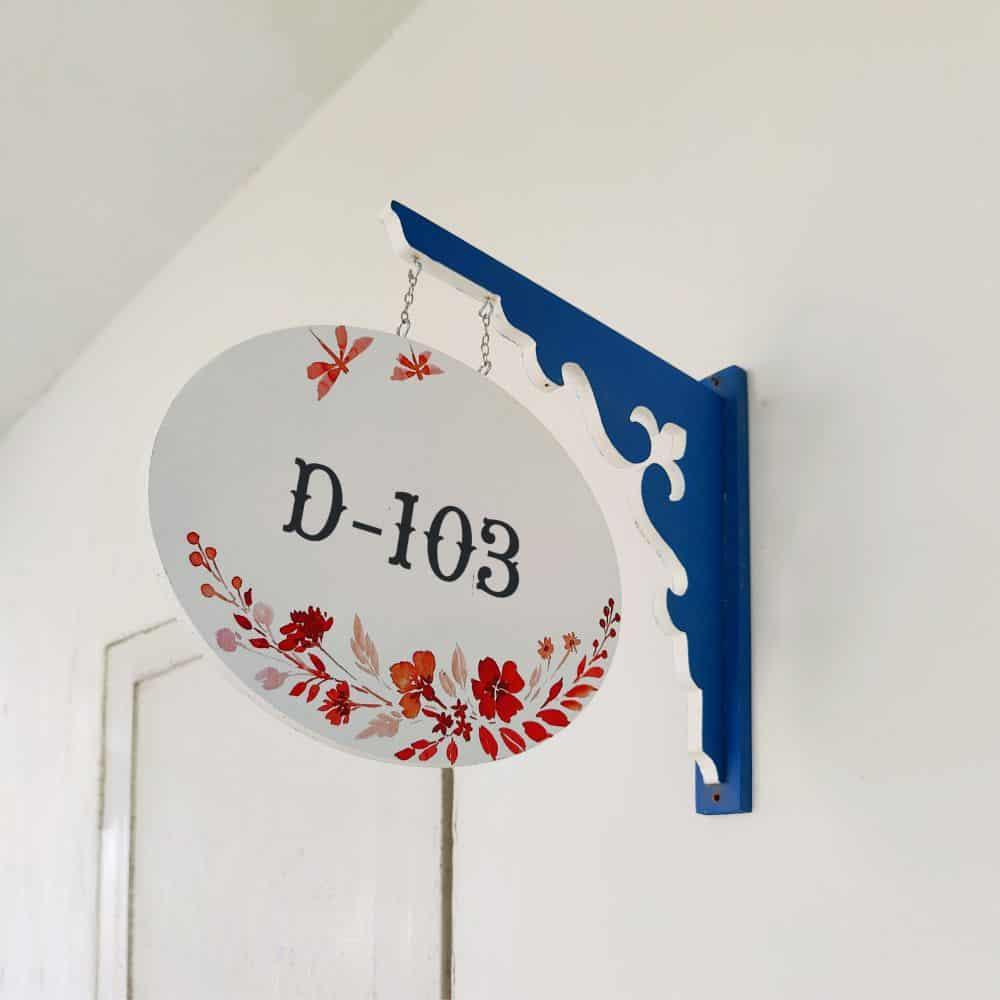 Hand-painted Hanging Name Plate - Navy Oval White Red Flowers