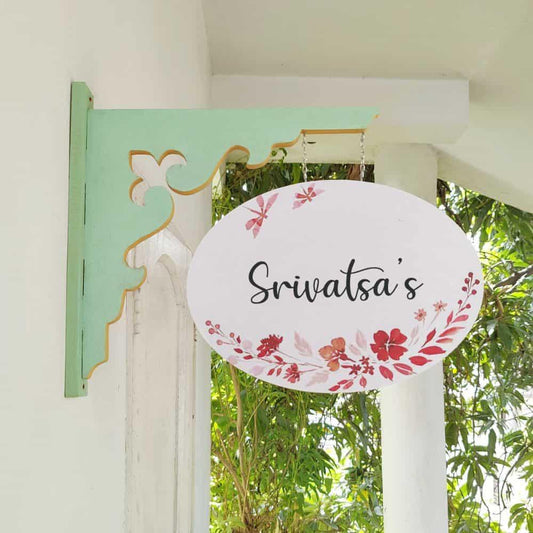 Hand-painted Hanging Name Plate - Mint Green Oval White Red Flowers