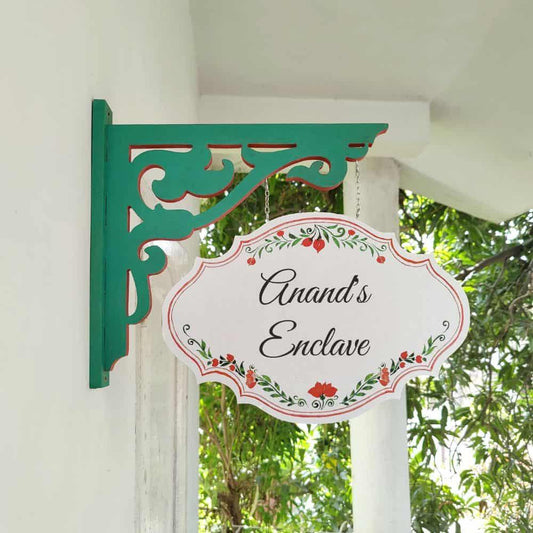 Hand-painted Hanging Name Plate - Green Victorian White Red Border