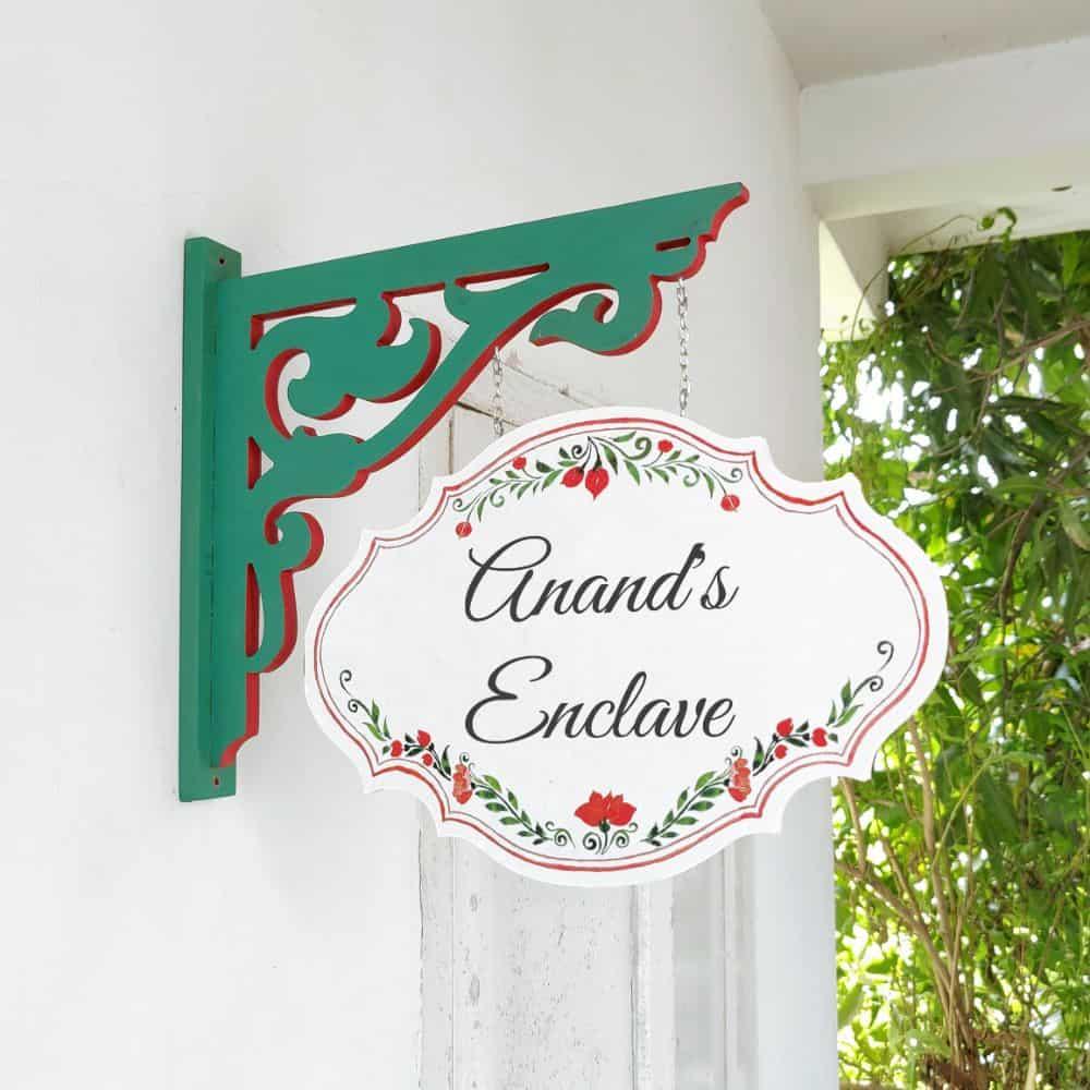 Hand-painted Hanging Name Plate - Green Victorian White Red Border