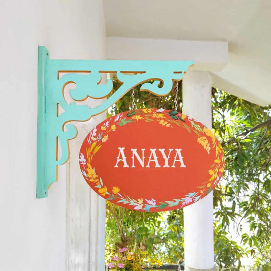 Hand-painted Hanging Name Plate - Teal Oval Orange Leaves