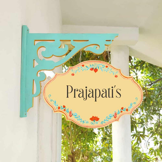 Hand-painted Hanging Name Plate - Teal Victorian Yellow Red Border