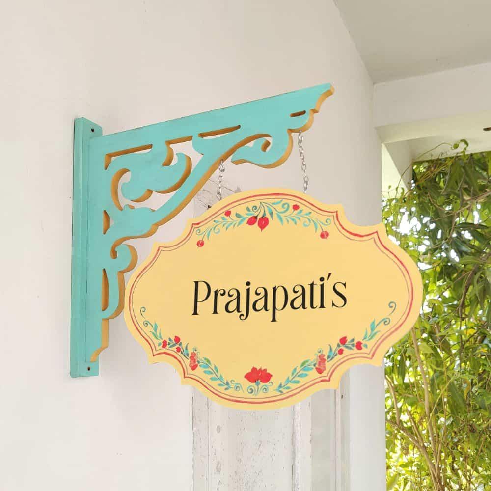 Hand-painted Hanging Name Plate - Teal Victorian Yellow Red Border