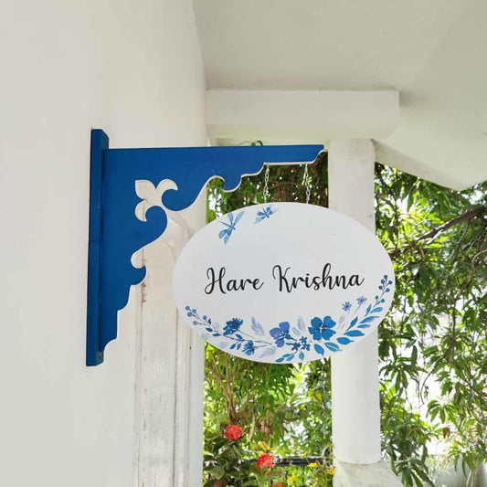 Hand-painted Hanging Name Plate - Navy Oval White Blue Flowers