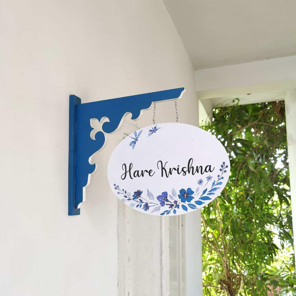 Hand-painted Hanging Name Plate - Navy Oval White Blue Flowers