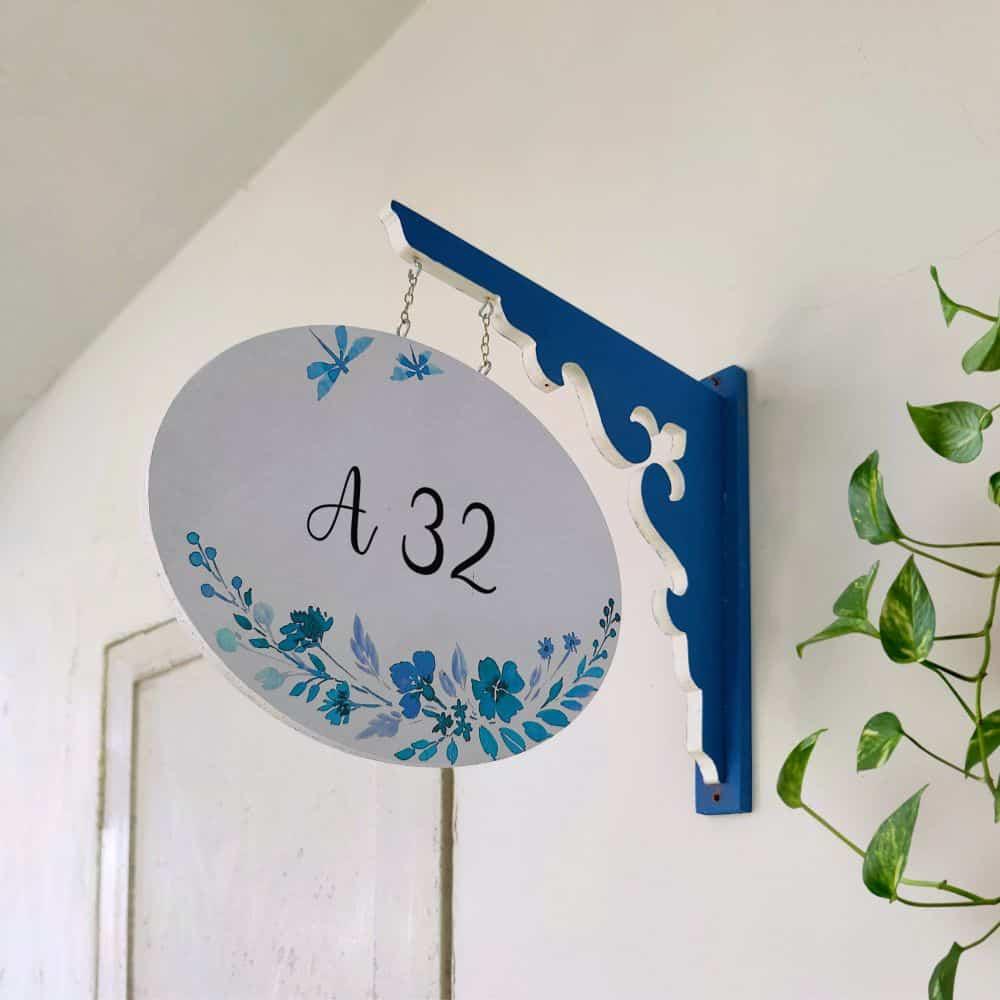 Hand-painted Hanging Name Plate - Navy Oval White Blue Flowers