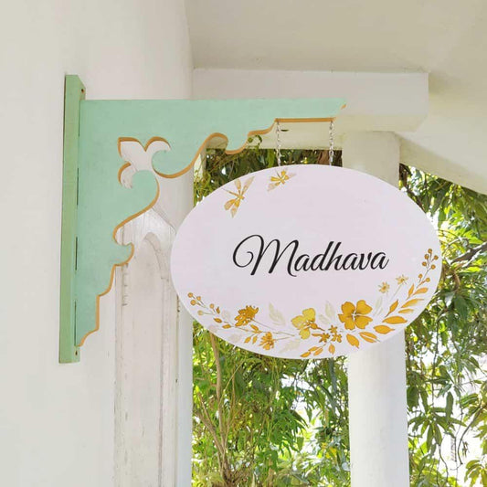 Hand-painted Hanging Name Plate - Mint Green Oval White Yellow Flowers