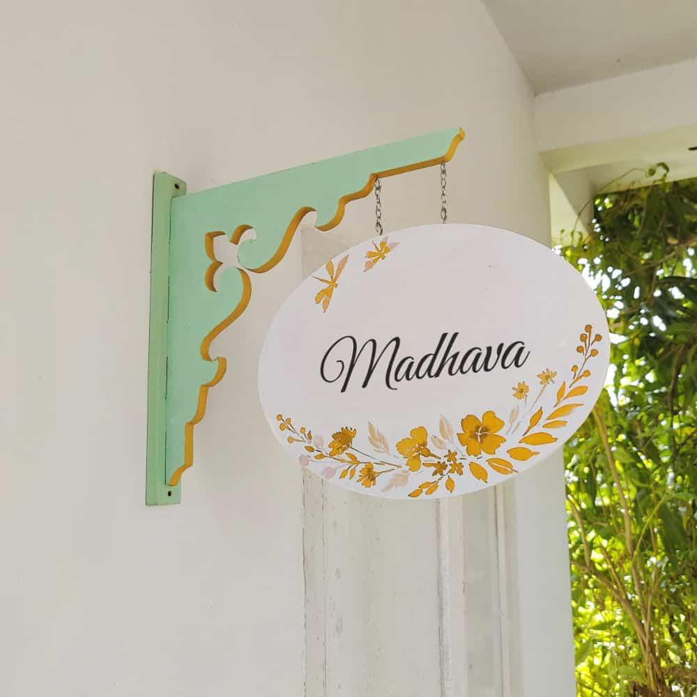 Hand-painted Hanging Name Plate - Mint Green Oval White Yellow Flowers