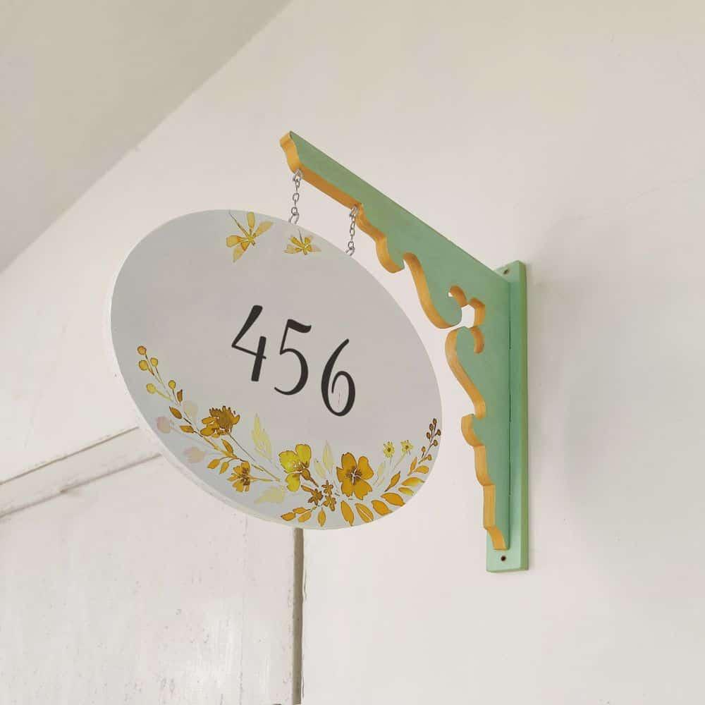 Hand-painted Hanging Name Plate - Mint Green Oval White Yellow Flowers