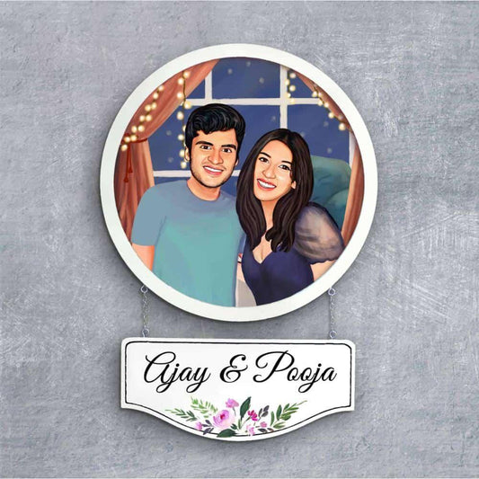 Photo Caricature Nameplate - Sweet Couple - Fairy Lights