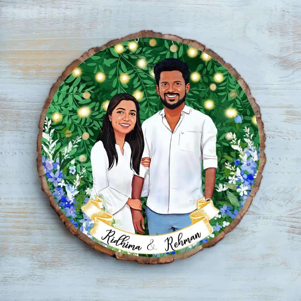 Photo Caricature Nameplate - Sweet Couple - Garden Lights