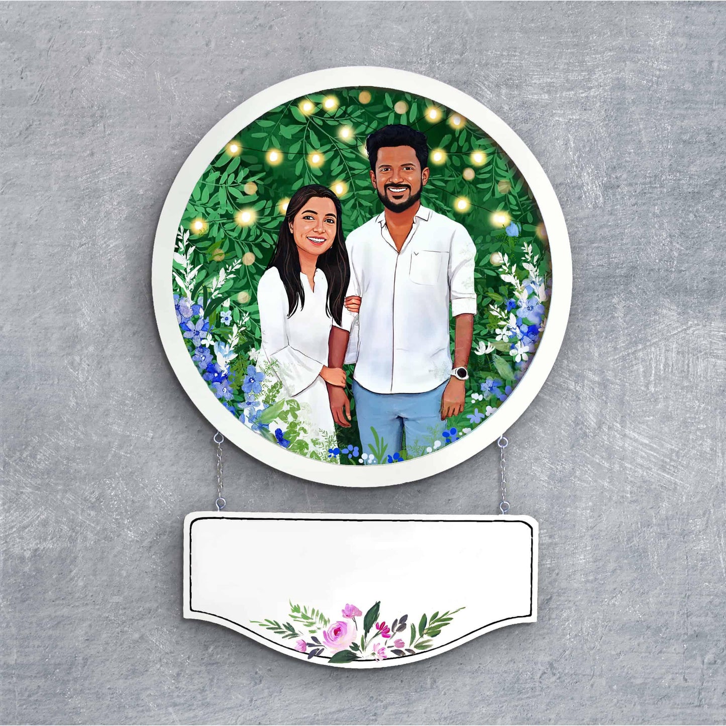 Photo Caricature Nameplate - Sweet Couple - Garden Lights