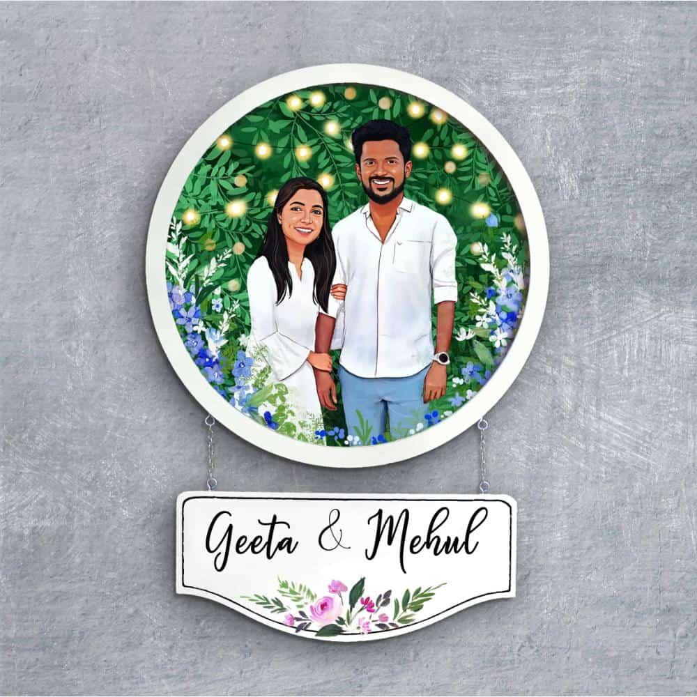 Photo Caricature Nameplate - Sweet Couple - Garden Lights