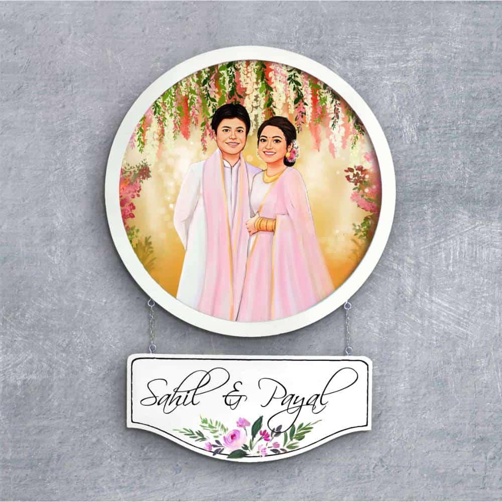 Photo Caricature Nameplate - Wedding Couple - Floral Bliss