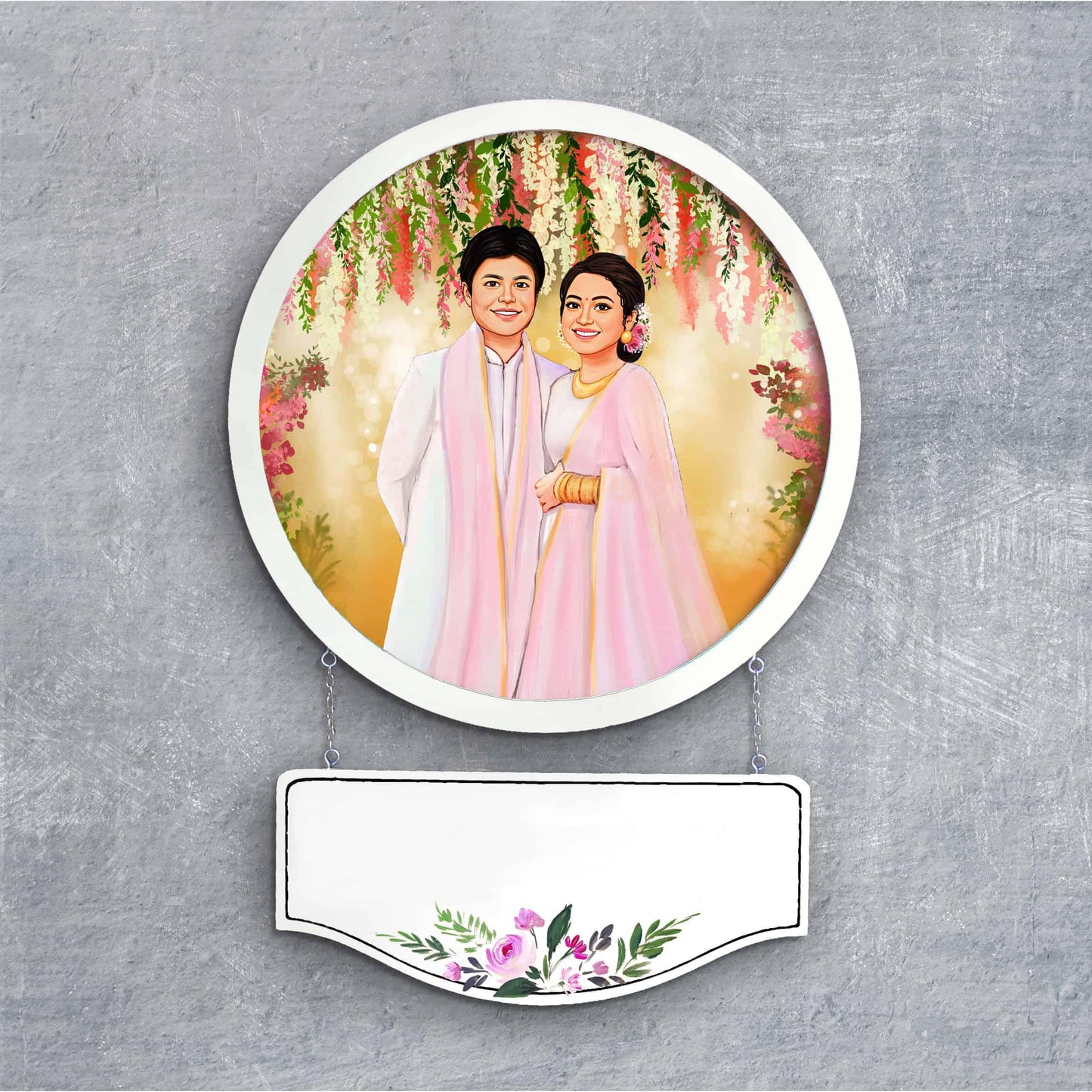 Photo Caricature Nameplate - Wedding Couple - Floral Bliss