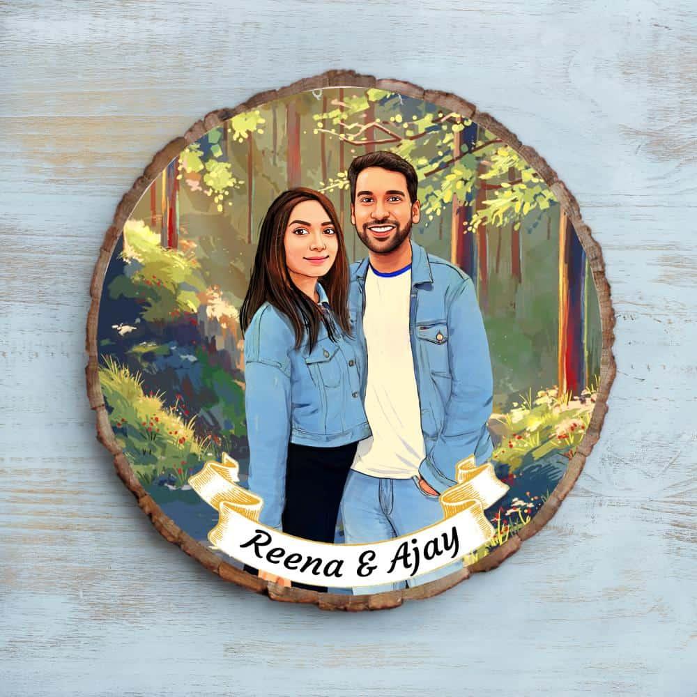 Photo Caricature Nameplate - Holiday Couple - Evergreen Forest