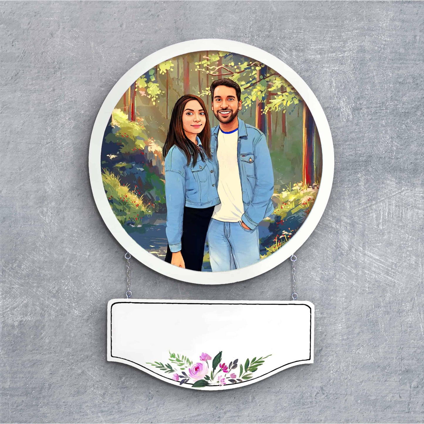 Photo Caricature Nameplate - Holiday Couple - Evergreen Forest