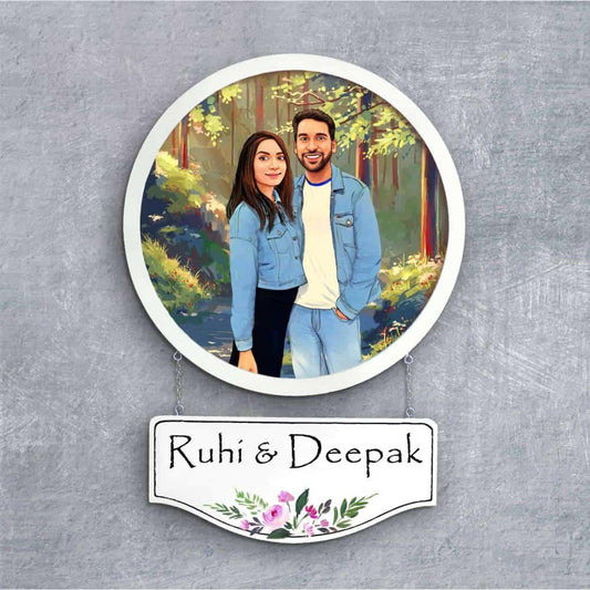 Photo Caricature Nameplate - Holiday Couple - Evergreen Forest